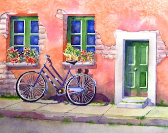 Stampa artistica acquerello di bicicletta italiana, arredamento toscano, souvenir di viaggio