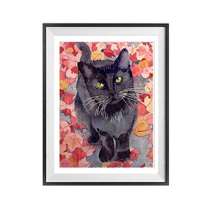 BLACK CAT, kitty kitten feline, wal art decor print, Gift cat lover girlfriend girls room,  black red art print, Framed or not LaBerge Muren