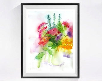 Flowers in Vase Art Print watercolor painting watercolour Flowers in vase  Flowers in artwork watercolor flowers in bouquet bright painting