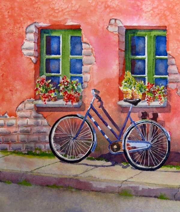 Bicycle Art Prints, Italian landscape, Window art prints, Watercolor