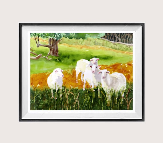 オリジナル水彩画「羊」、農場の動物アート、11x14 - Etsy 日本