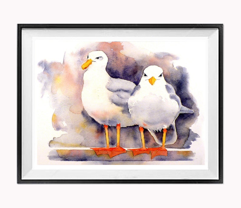 Seagull, beach print, watercolor, illustration, Painting Bird Art nature, seashore, coast, nursery, seagull art, by Nancy Muren image 1