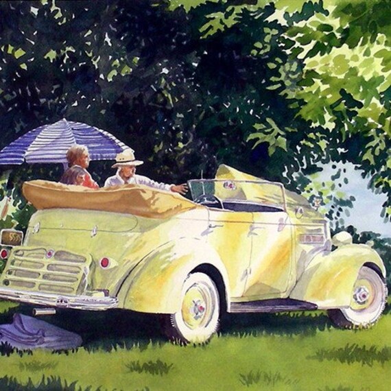 Download Items similar to Antique Old Car Art - Watercolor Painting ...