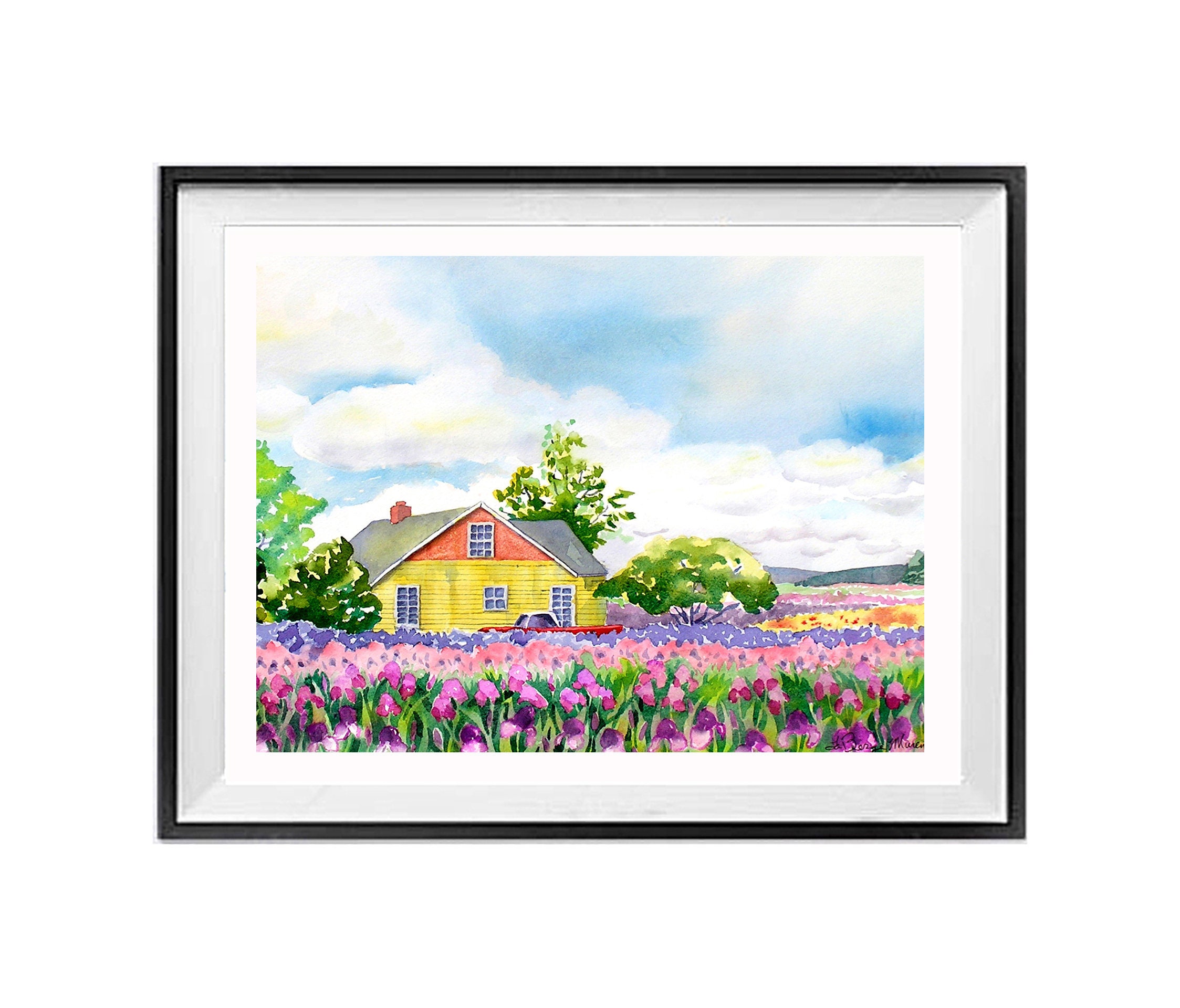 Landscape Art Print Farm Landscape Watercolor Floral Landscape Spring Time Wall Art Iris Field Flower Prints Countryside Paintings