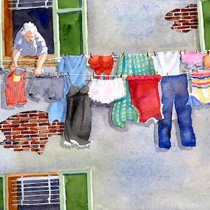 City in Italy Framed Print - Water Paint Painting - Sunny Day Laundry Room - Poster Laundry Art Print Clothes Line Art, LaBerge Muren 1587