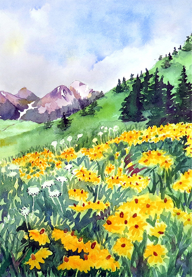 Watercolor Landscape Wall Art Green Valley Painting Yellow Etsy