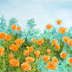 Puede incluir: Una pintura de acuarela de un campo de amapolas de California naranjas en flor. Las flores están rodeadas de follaje verde y un cielo azul claro.
