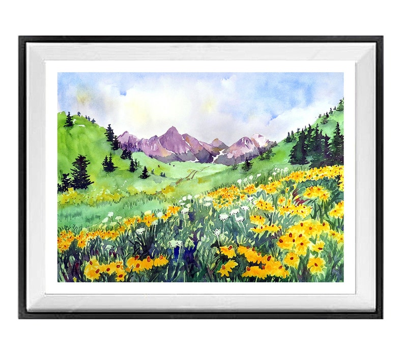 Watercolor Landscape Wall Art Green Valley Painting Yellow Etsy