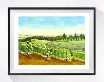 Vineyard landscape, wall art decor, Fir tree print, Wine grape watercolor, Blue green grape rows paintng, Framed or not, LaBerge Muren, 7602