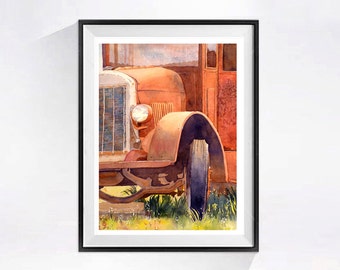 Antique red truck fine art, Farming truck out to pasture, Back in the day, Watercolor painting, Realist, Framed or not, LaBerge Muren, 1999