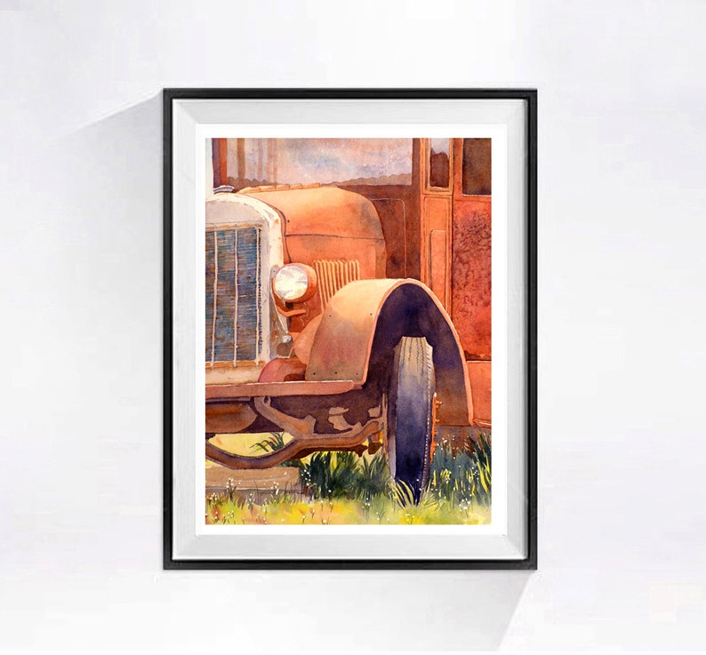 Antique red truck fine art, Farming truck out to pasture, Back in the day, Watercolor painting, Realist, Framed or not, LaBerge Muren, 1999 image 1