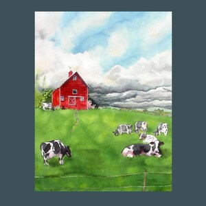 Red Barn Cow Watercolor Painting, Oregon Farmhouse Landscape Art Print