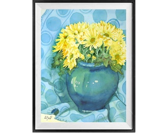 Flower decor, yellow FLORAL DECOR wall art still watercolor aqua teal print, Holiday, gift, Framed or Unframed by LaBerge Muren, 1038636141