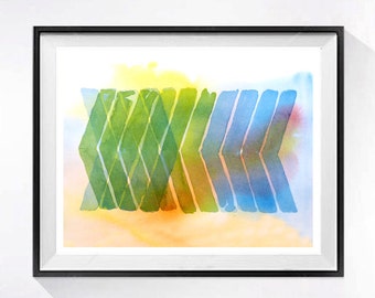 Abstract Contemporary Chevron Art, Geometric print, Abstract Blue green painting, Watercolor, .