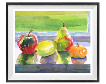 Kitchen art prints, Fruit Still Life Print, Fruit window sill, Red yellow Painting, Watercolor fruits, Art Sale