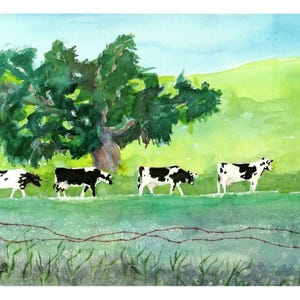May include: A watercolor painting depicting four black and white cows walking in a line across a vibrant green pasture. A large, leafy green tree stands in the background, and a thin, dark barbed wire fence runs horizontally across the foreground.