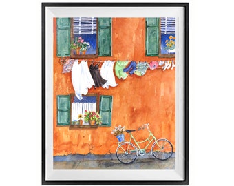 Outdoors Laundry Original Italian, Watercolor Painting, ONE OF A KIND, Clothes Line Original Painting, by LaBerge Muren 1113,