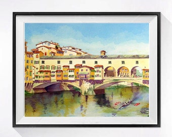 Florence Italy, art decor, Ponte Vecchio, Italian Landscape, Print décor, Watercolor bridge, Laberge Muren, 1158