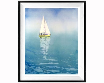 WATERCOLOR PRINT Sailing on Foggy Day art print,Pacific Northwest wal decor Seattle WA Painting,Calm Day on Puget Sound,LaBerge Muren,1625