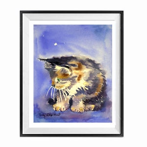 Tabby long hair cat, painting, wal art white blue watercolor my TABBY CATS blue bowl wall art pet dcor, Framed or not LaBerge Muren, 1180