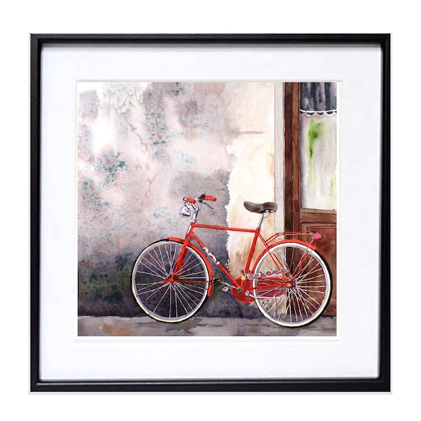 Watercolor Bike art print, Italian Bicycle wall print decor, Colorful  Red Bicycle art print, Bright red, Bike Street Wheels, 7188,