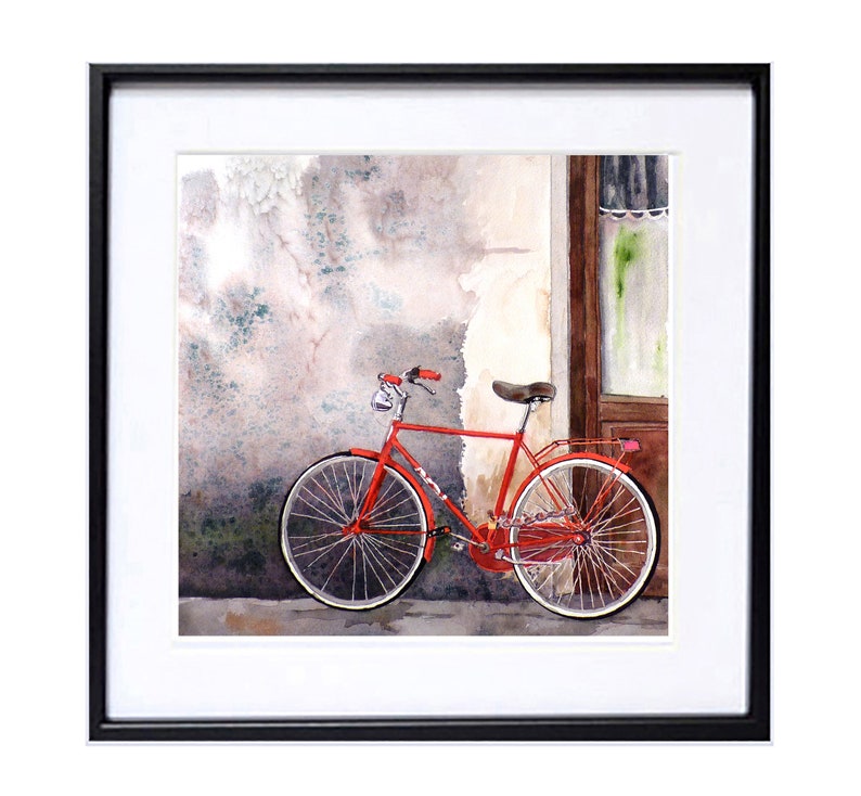 Watercolor Bike art print, Italian Bicycle wall print decor, Colorful Red Bicycle art print, Bright red, Bike Street Wheels, 7188, image 1