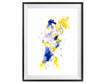 Abstract Blue Wall Art, Expressive Blue Yellow Wall Art, Swirling Gyro Colorful Bright Print,  .