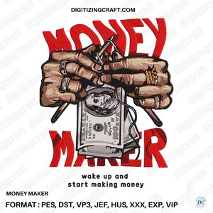 Money Maker ricamo design, flusso di cassa, motivazione per il denaro, truffatore, design di lusso, file di ricamo a macchina