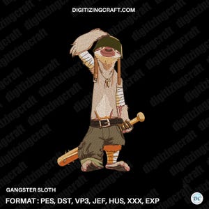 Gangster Sloth Embroidery Design | Cool Cartoon Sloth with Bat Machine Embroidery File pes dst vp3 jef hus xxx exp