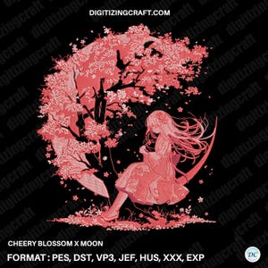 Cherry Blossom X Moon Embroidery Design File,flowers,girl,moon,anime embroidery design file