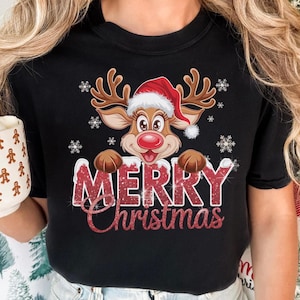 Merry Christmas Reindeer Comfort Colors T-Shirt, Festive Holiday Reindeer Tee, Women&#39;s Christmas Holiday Apparel, Winter Deer Shirt