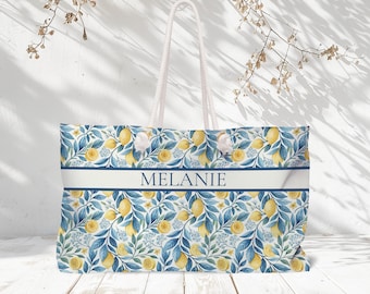 Bolso de fin de semana de playa con estampado de limones personalizado, bolso de viaje grande para vacaciones en la playa, bolso de noche personalizado para mujer