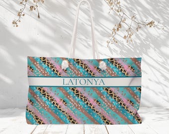 Personalizowana torba podróżna na weekend z nadrukiem w pastelowym panterkowym kolorze, duża torba podróżna na wakacje na plaży, damska torba podróżna z imieniem