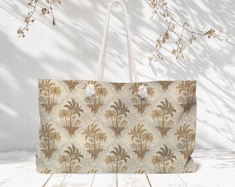 Tropical Floral Palm Trees Toile Beach Weekender Bag, Large Travel Bag for Beach Vacation, Women's Overnight Bag