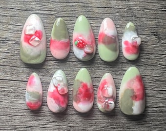 Strawberry Iced Matcha press-on nails