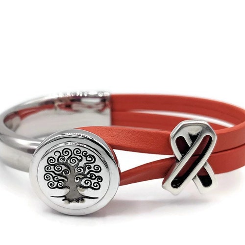 thumbnail image 2 of Custom Multiple Sclerosis Awareness Ribbon Orange Leather Bracelet, Silver Plated 2 of 5
