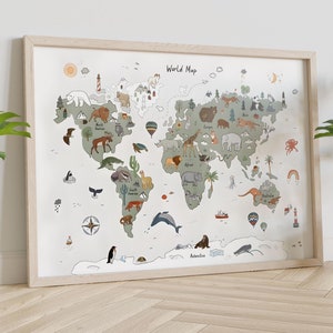Bambini Mappa a tema animale Tela appesa Mappa della stanza dei bambini Mappa del mondo Arazzo Mappa del mondo con animali Casa Scuola Arte murale