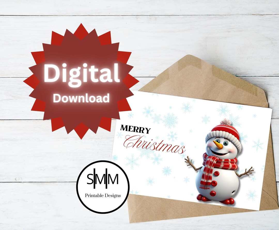 Printable Snowman Merry Christmas Greeting Card Instant Download 7x5 ...