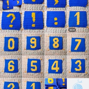 May include: A collection of crocheted squares featuring numbers, punctuation marks, and a question mark. The squares are blue with yellow lettering. The squares are arranged in a grid pattern. The image also includes a close-up of a ball of yarn and a crochet hook.