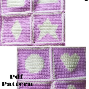 May include: A crochet pattern for making a blanket with basic shapes. The pattern includes a square, triangle, circle, star, heart, and rectangle. The blanket is made with purple and white yarn.
