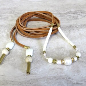 Wrap Necklace-Pearl Ivory White Leather Choker Beaded with Silver Pyrite /& Long Wrap Around Double Wrap ChokerBackYLariat Necklace 4229