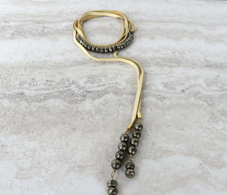Wrap Necklace-Pearl Ivory White Leather Choker Beaded with Silver Pyrite /& Long Wrap Around Double Wrap ChokerBackYLariat Necklace 4229