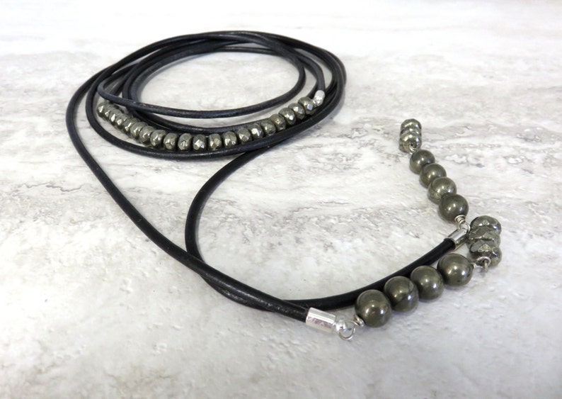 Wrap Necklace-Pearl Ivory White Leather Choker Beaded with Silver Pyrite /& Long Wrap Around Double Wrap ChokerBackYLariat Necklace 4229