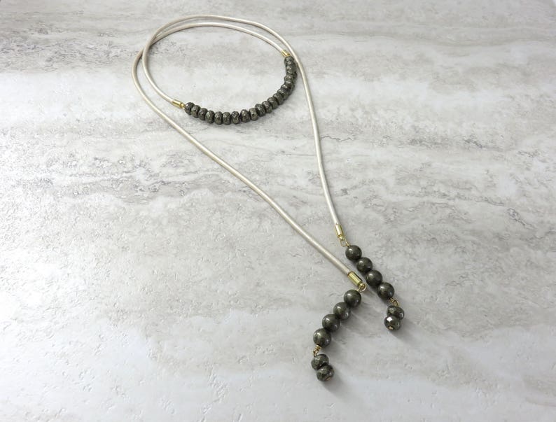 Wrap Necklace-Pearl Ivory White Leather Choker Beaded with Silver Pyrite /& Long Wrap Around Double Wrap ChokerBackYLariat Necklace 4229