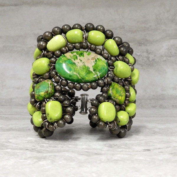 Bright Green Turquoise Cuff Bracelet -Neon Lime Green Turquoise Horseshoe Crescent Cuff (Squash Blossom "Naja" Native American Inspired)