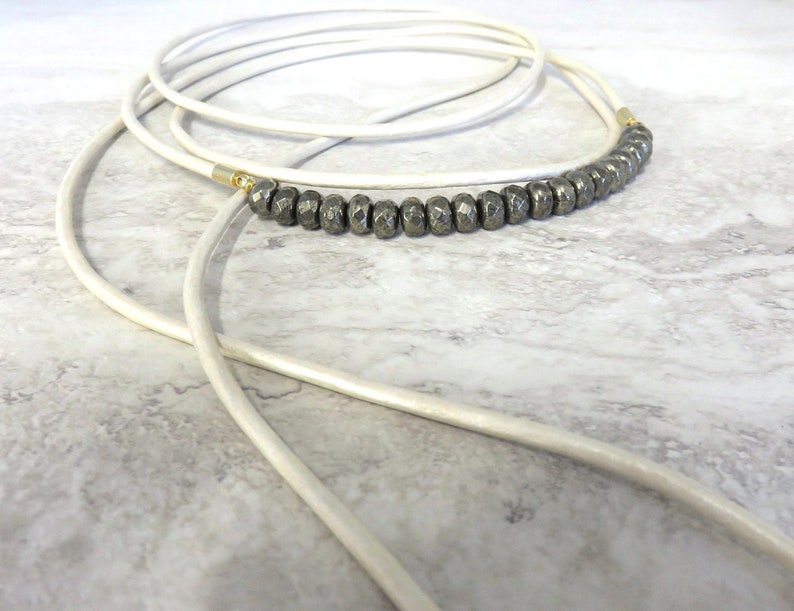 Wrap Necklace-Pearl Ivory White Leather Choker Beaded with Silver Pyrite /& Long Wrap Around Double Wrap ChokerBackYLariat Necklace 4229