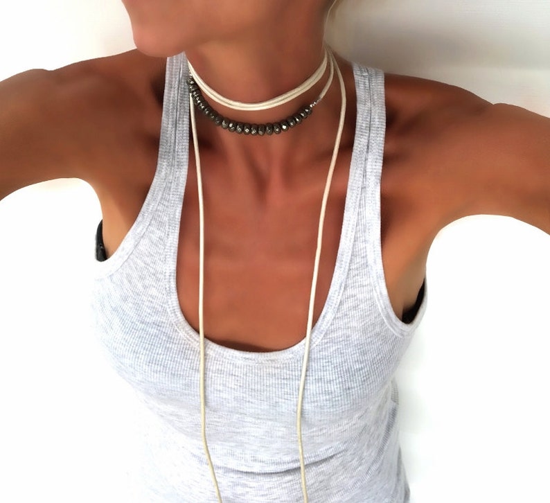 Wrap Necklace-Pearl Ivory White Leather Choker Beaded with Silver Pyrite /& Long Wrap Around Double Wrap ChokerBackYLariat Necklace 4229
