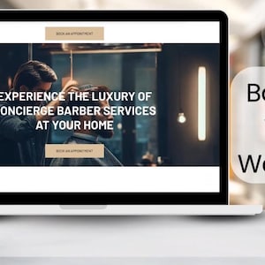 Pode incluir: Um computador portátil que exibe um site para um serviço de barbeiro. O site apresenta uma foto de um barbeiro cortando o cabelo de um cliente em um ambiente de barbearia. O texto do site diz "Experimente o luxo dos serviços de barbeiro de concierge em sua casa".