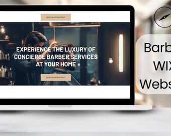 May include: A laptop computer displaying a website for a barber service. The website features a photo of a barber cutting a customer's hair in a barbershop setting. The text on the website reads "Experience the luxury of concierge barber services at your home".