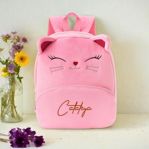 Sac à dos personnalisé en peluche Kitty, sac à dos avec broderie de nom personnalisé, joli cartable souple pour enfant, cadeau de rentrée des classes, bambin filles garçons